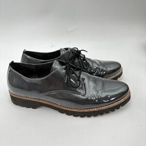 GABOR Comfort Silver Charcoal Patent Oxford Almond Toe Lace Up Shoe // 6.5